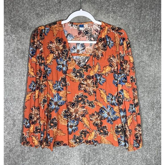 Old Navy BOHO Top Womens‎ Size Large Orange Floral Crinkle Gauze Long Sleeve - Picture 1 of 8